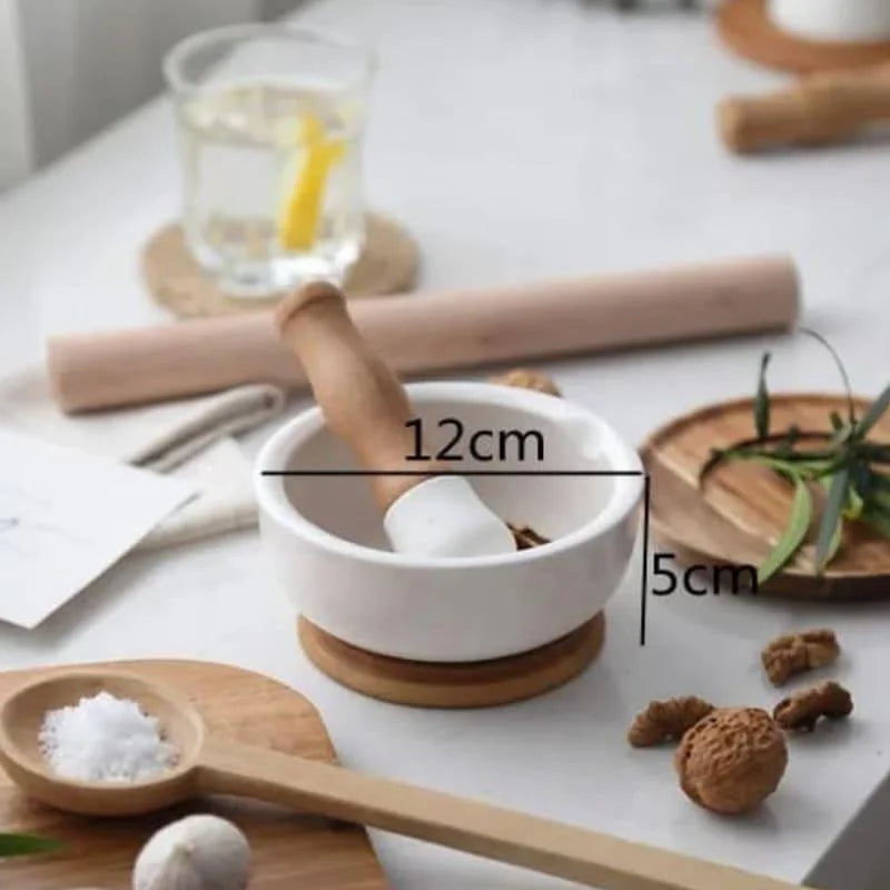 Ceramic Mortar and Pestle Set with Wooden Base for Monzzi Kitchen