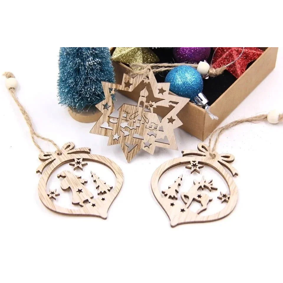 Set of 12 Rustic Wooden Christmas Ornaments for Monzzi Tree