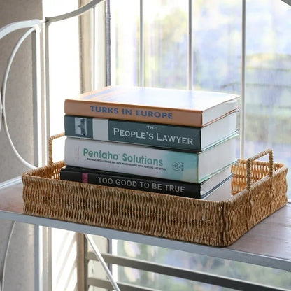 Rattan-Inspired Serving Tray with Handles for Stylish Organization and Decor