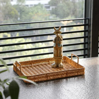 Rattan-Inspired Serving Tray with Handles for Stylish Organization and Decor