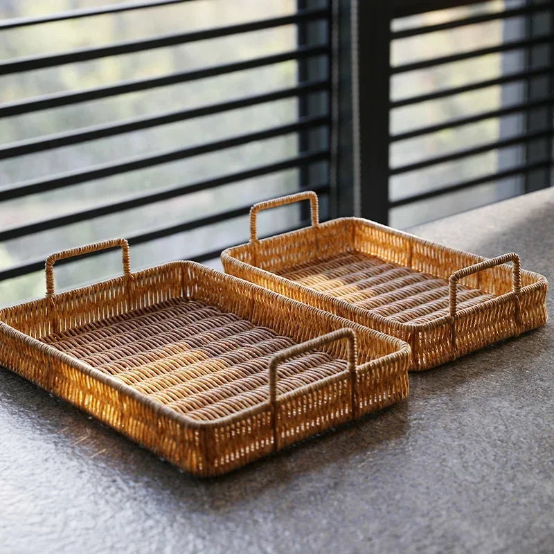 Rattan-Inspired Serving Tray with Handles for Stylish Organization and Decor
