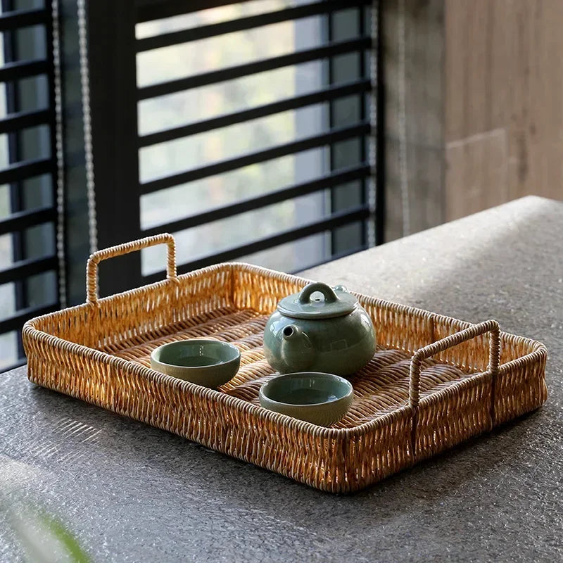 Rattan-Inspired Serving Tray with Handles for Stylish Organization and Decor