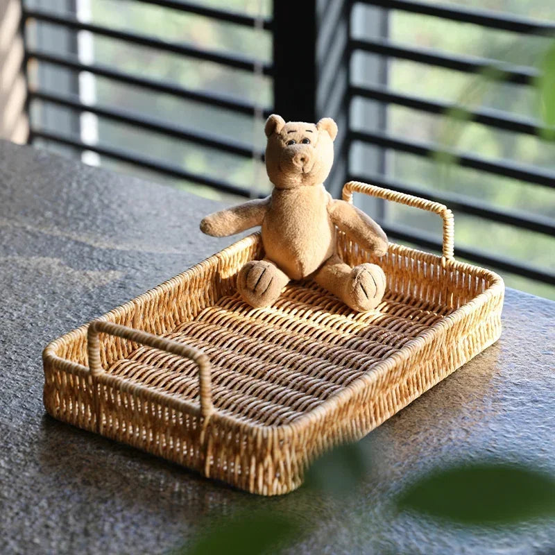 Rattan-Inspired Serving Tray with Handles for Stylish Organization and Decor
