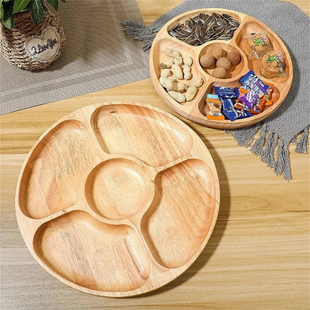 Divided Round Bamboo Serving Tray for Decor and Entertaining