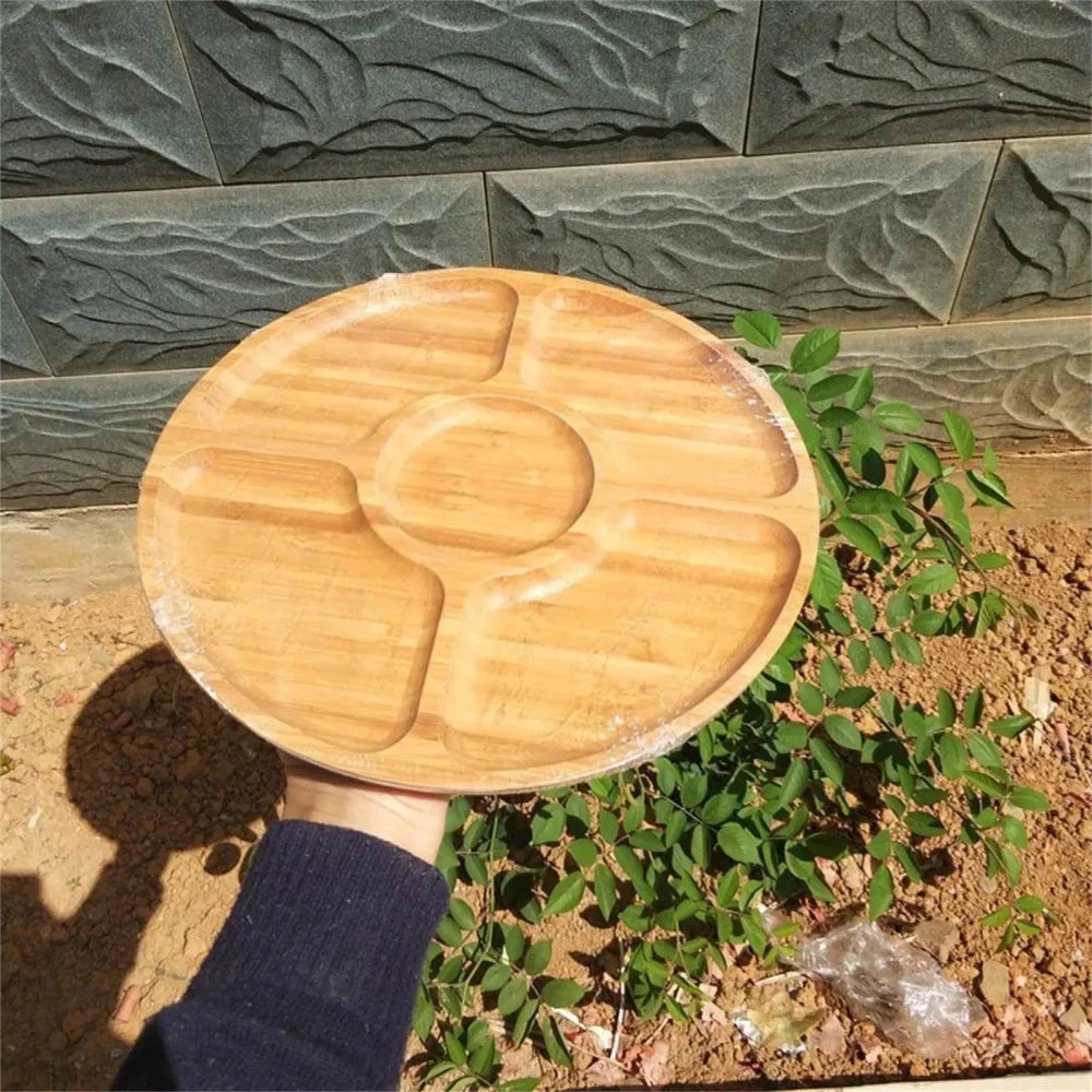 Divided Round Bamboo Serving Tray for Decor and Entertaining