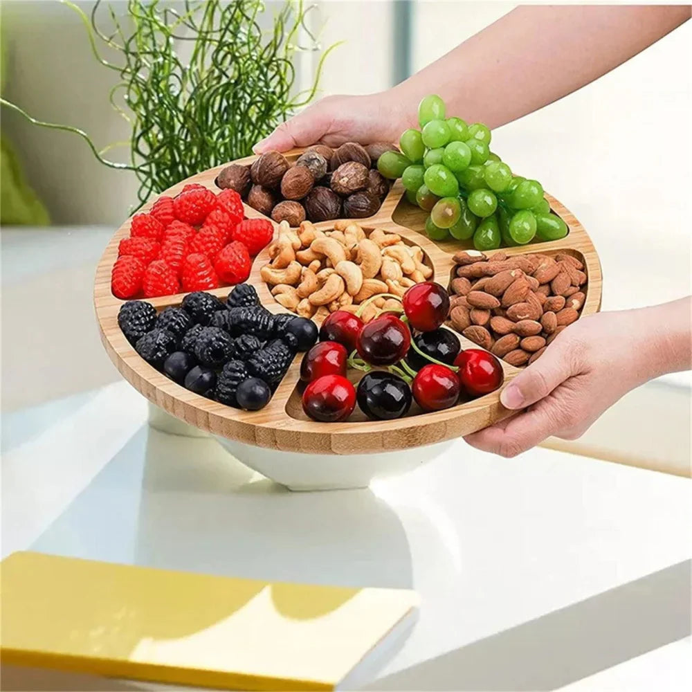 Divided Round Bamboo Serving Tray for Decor and Entertaining