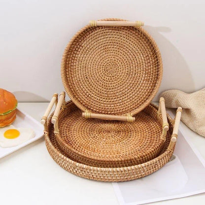 Handcrafted Round Rattan Wicker Tray for Table and Living Room Decor