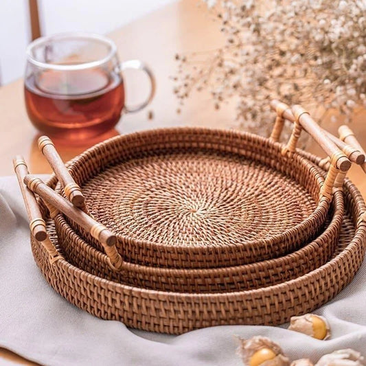 Handcrafted Round Rattan Wicker Tray for Table and Living Room Decor