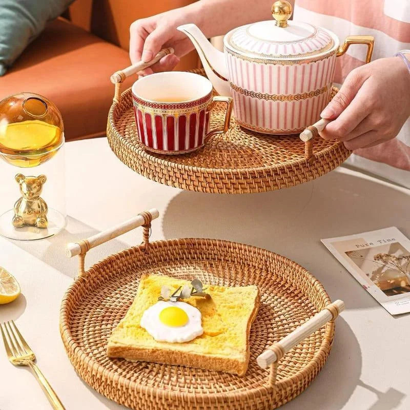 Handcrafted Round Rattan Wicker Tray for Table and Living Room Decor