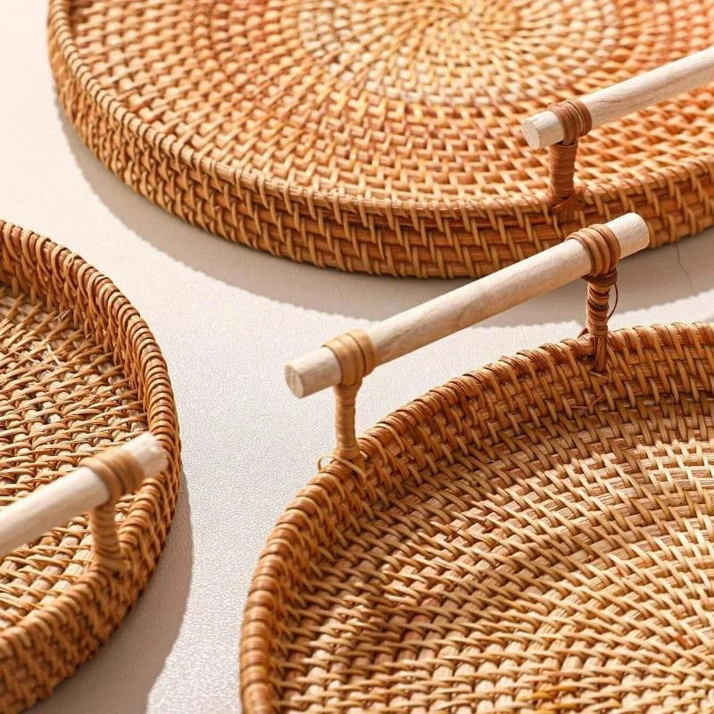 Handcrafted Round Rattan Wicker Tray for Table and Living Room Decor