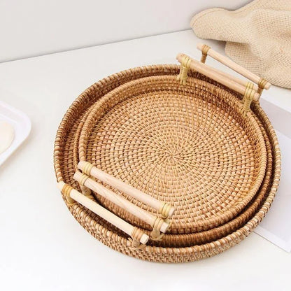 Handcrafted Round Rattan Wicker Tray for Table and Living Room Decor