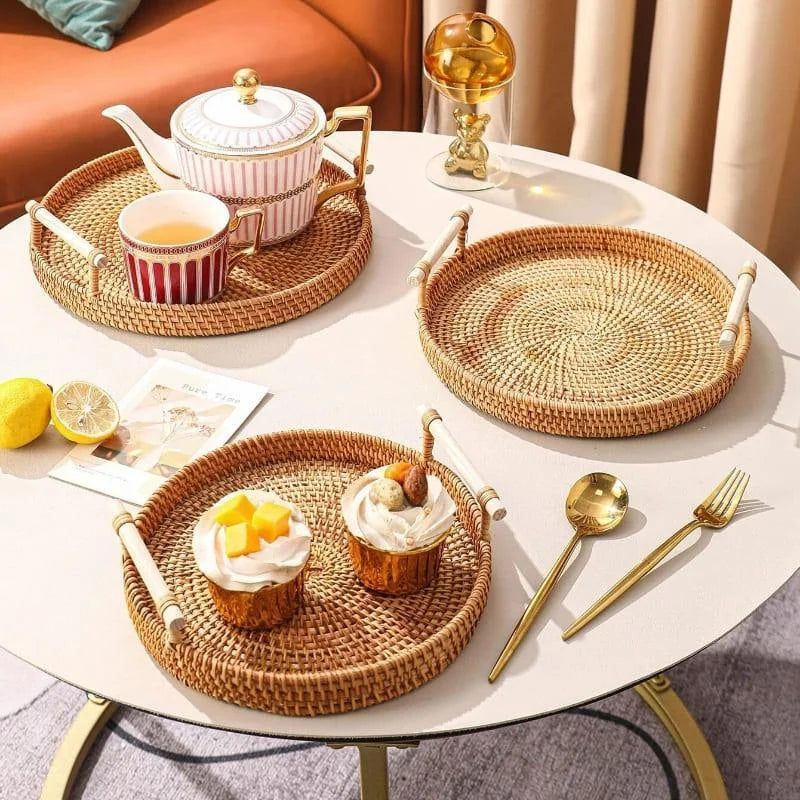 Handcrafted Round Rattan Wicker Tray for Table and Living Room Decor