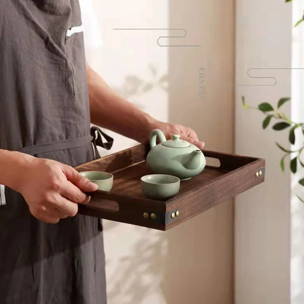 Monzzi Rectangular Wooden Tray with Handles for Serving Tea and Coffee