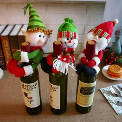 Festive Christmas Wine Bottle Cover Featuring Santa Claus and Snowman