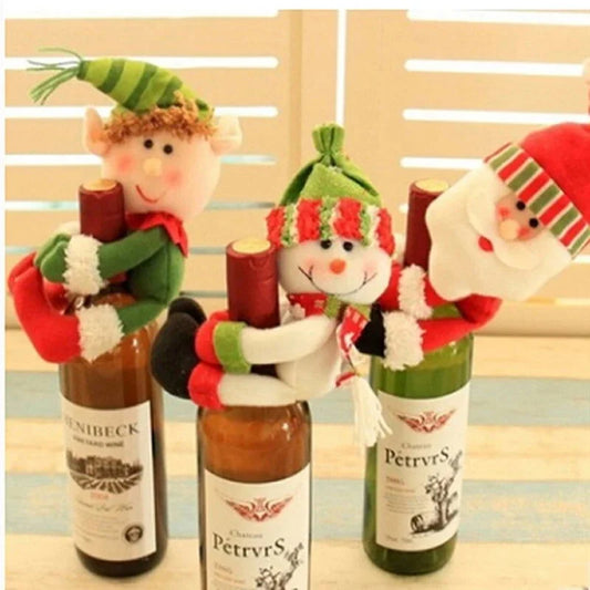 Festive Christmas Wine Bottle Cover Featuring Santa Claus and Snowman