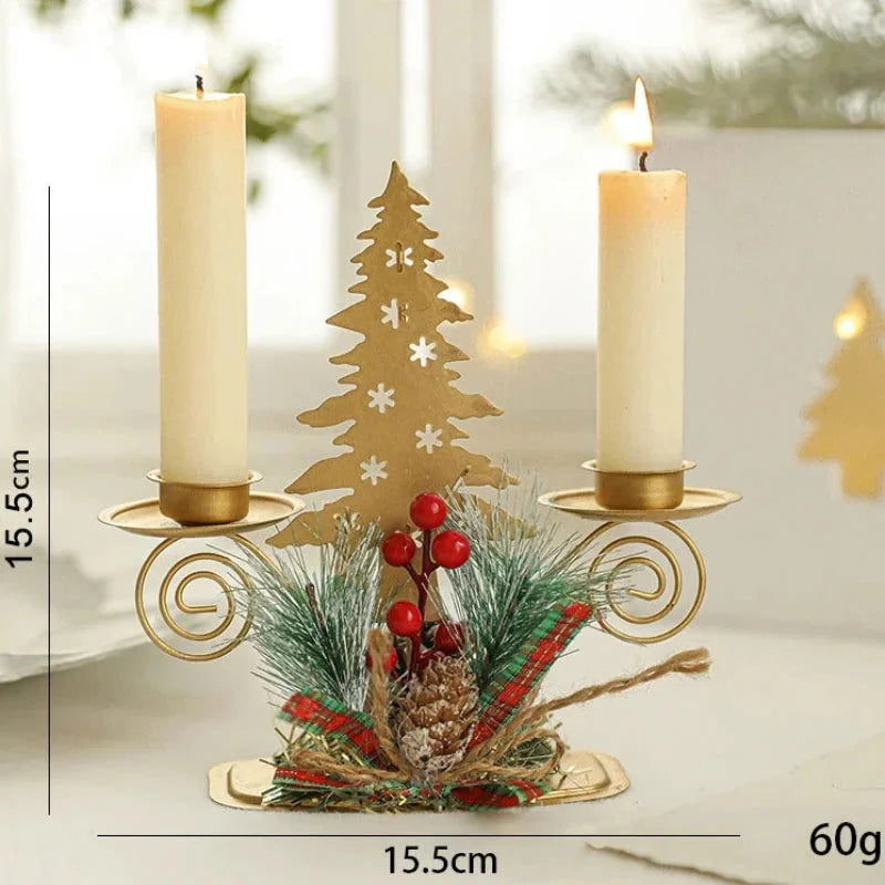 Festive Golden Iron Candle Holder Featuring Santa Claus and Reindeer