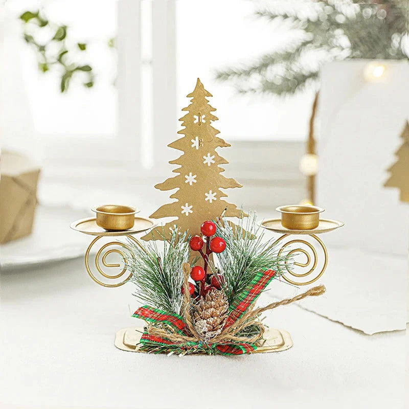 Christmas Decoration: Golden Iron Candle Holder Featuring Santa Claus and Reindeer