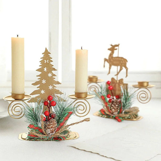 Christmas Decoration: Golden Iron Candle Holder Featuring Santa Claus and Reindeer