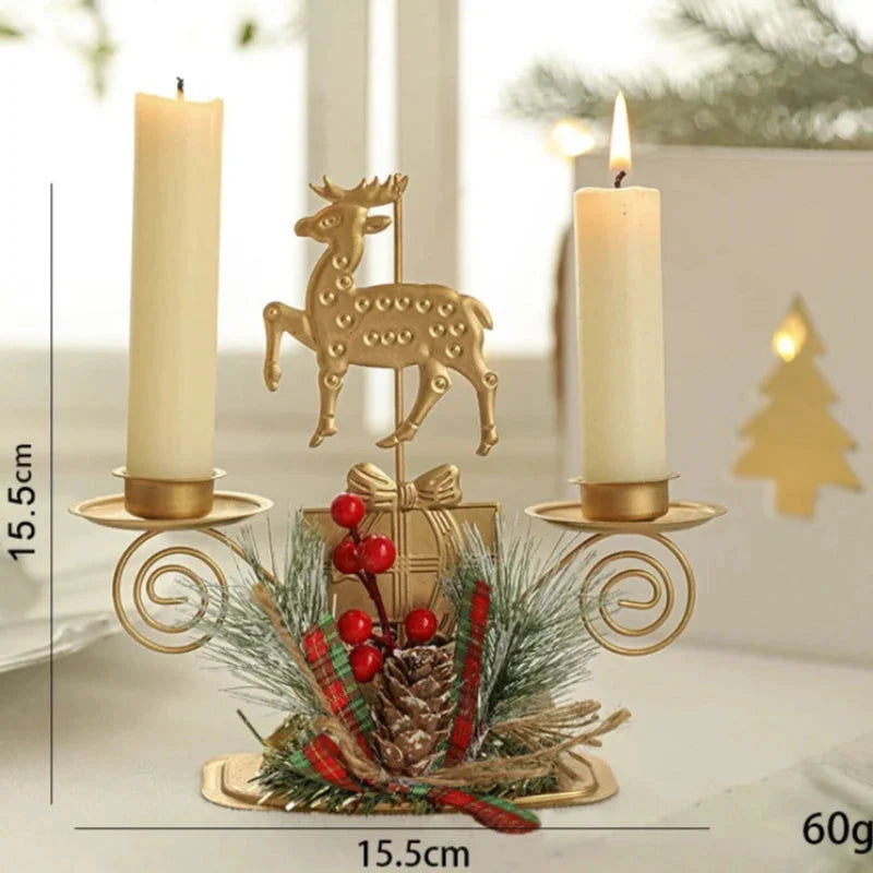 Christmas Decoration: Golden Iron Candle Holder Featuring Santa Claus and Reindeer