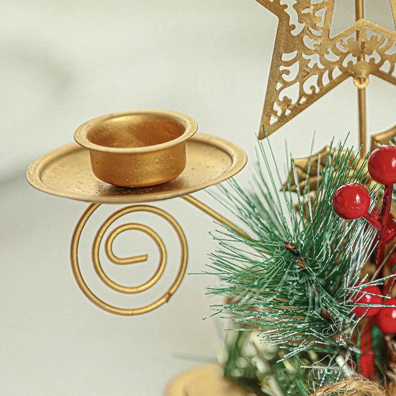 Christmas Decoration: Golden Iron Candle Holder Featuring Santa Claus and Reindeer
