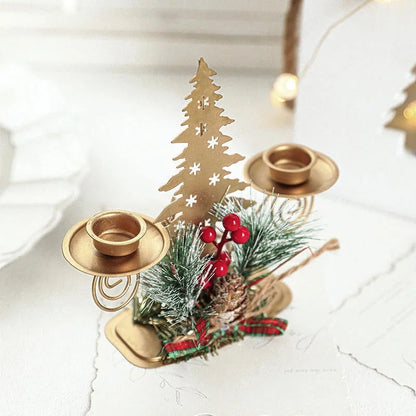 Christmas Decoration: Golden Iron Candle Holder Featuring Santa Claus and Reindeer