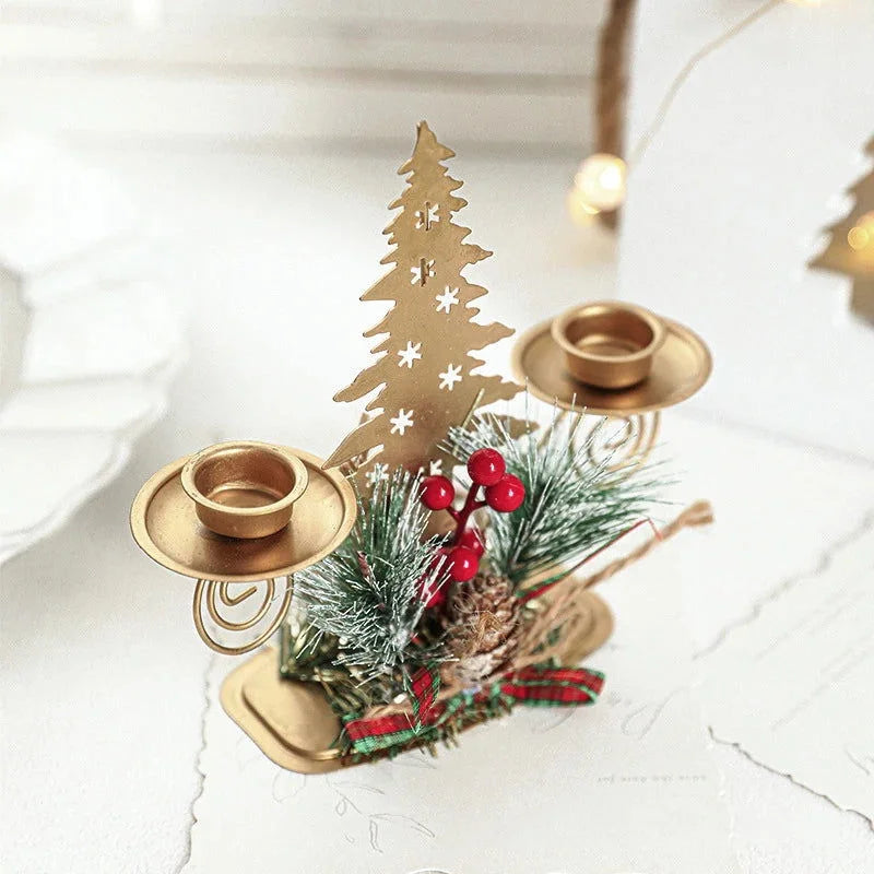 Festive Golden Iron Candle Holder Featuring Santa Claus and Reindeer