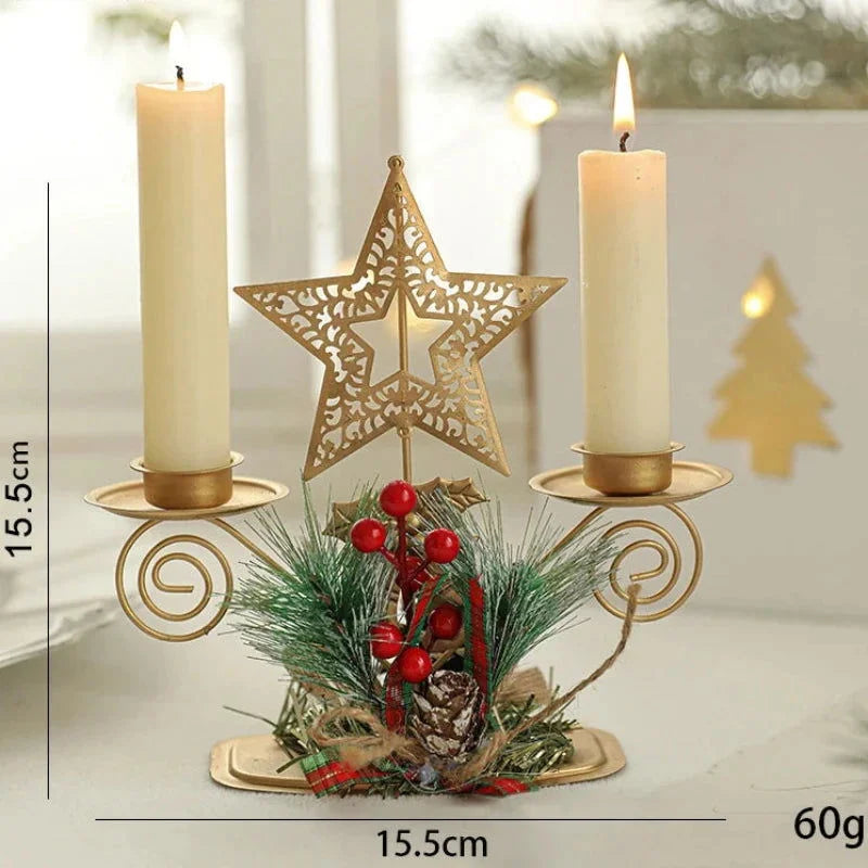 Festive Golden Iron Candle Holder Featuring Santa Claus and Reindeer