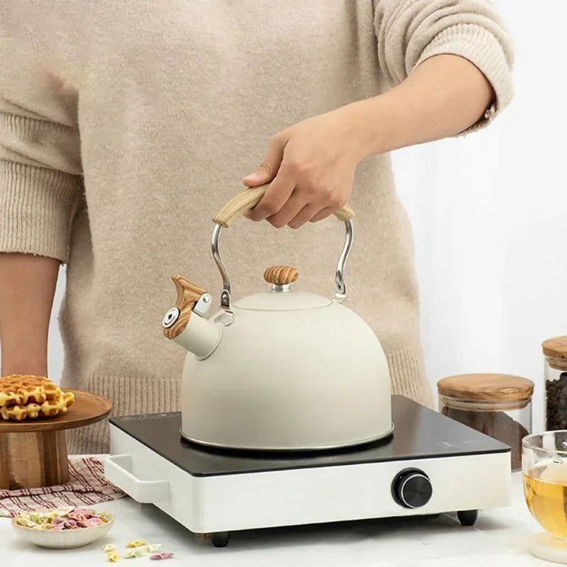 Monzzi 2.5L Stainless Steel Whistling Kettle with Wooden Handle for Stovetop
