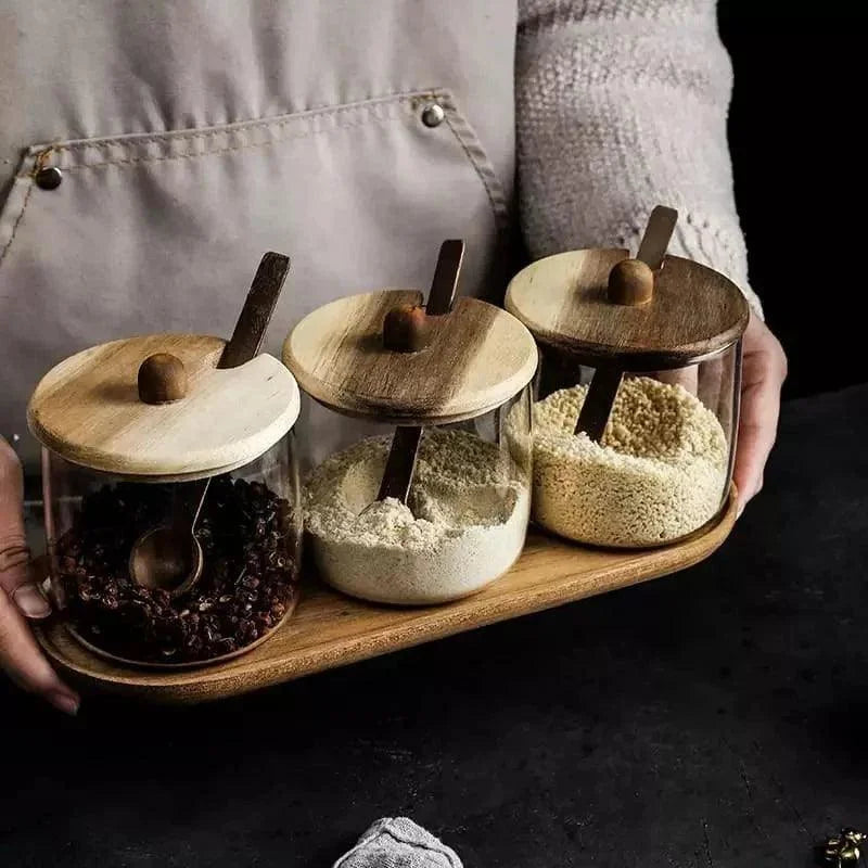 Glass Jar Set with Wooden Lids for Kitchen Organization