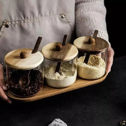 Glass Jar Set with Wooden Lids for Kitchen Organization