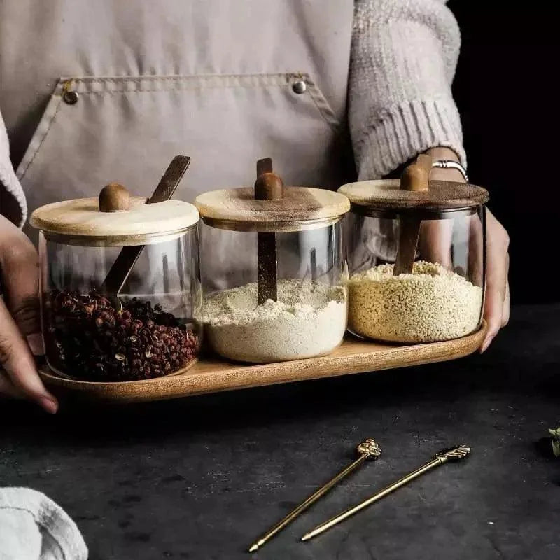 Glass Jar Set with Wooden Lids for Kitchen Organization