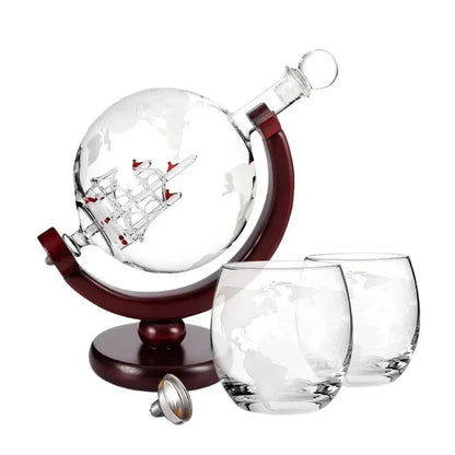 Glass Globe Decanter Set with Wooden Base and 2 Monzzi Glasses
