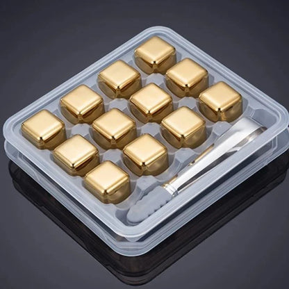 Golden Stainless Steel Ice Cubes with Monzzi Tongs Set