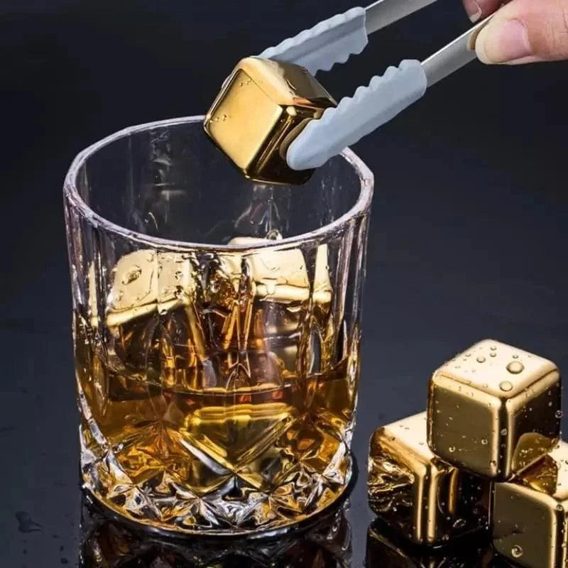Golden Stainless Steel Ice Cubes with Monzzi Tongs Set
