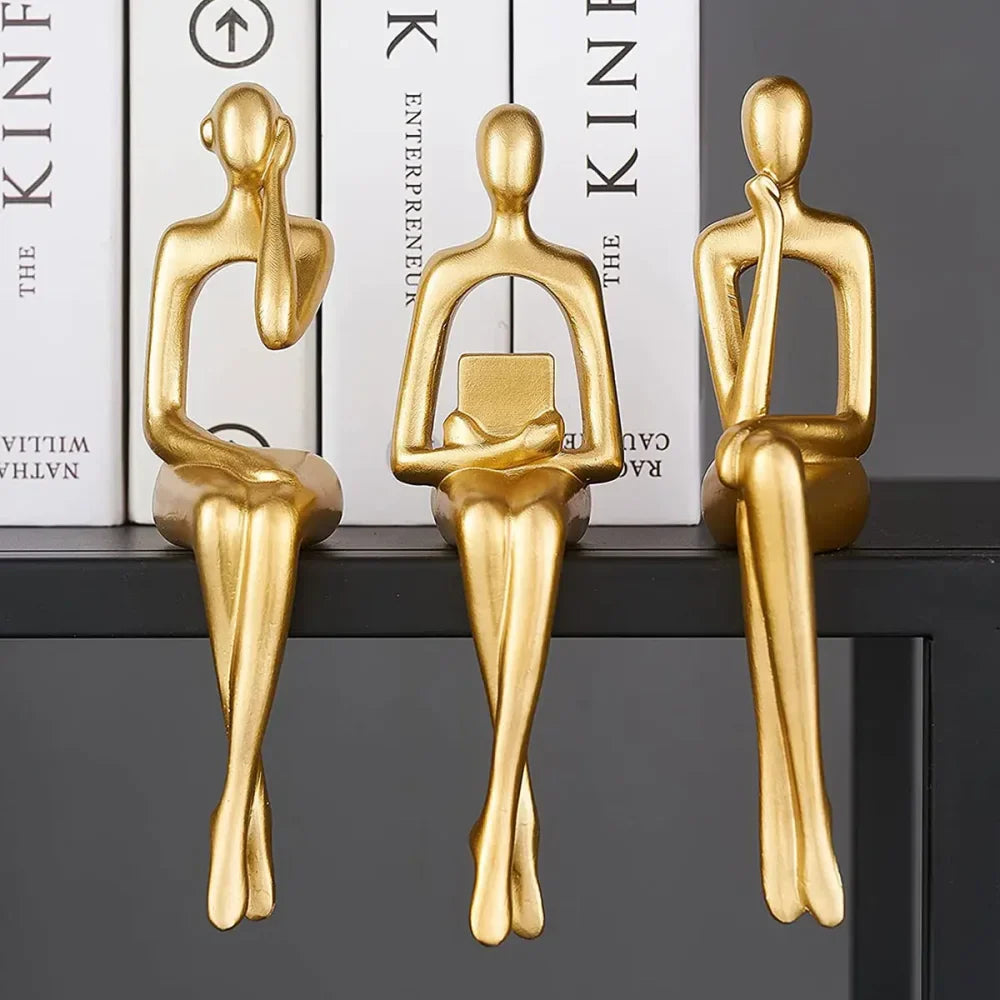 Golden Resin Abstract Thinker Sculpture for Living Room and Office Décor