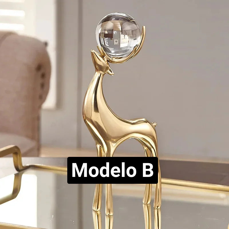 Elegant Golden Deer Sculpture with Crystal Ball for Living Room and Office Décor