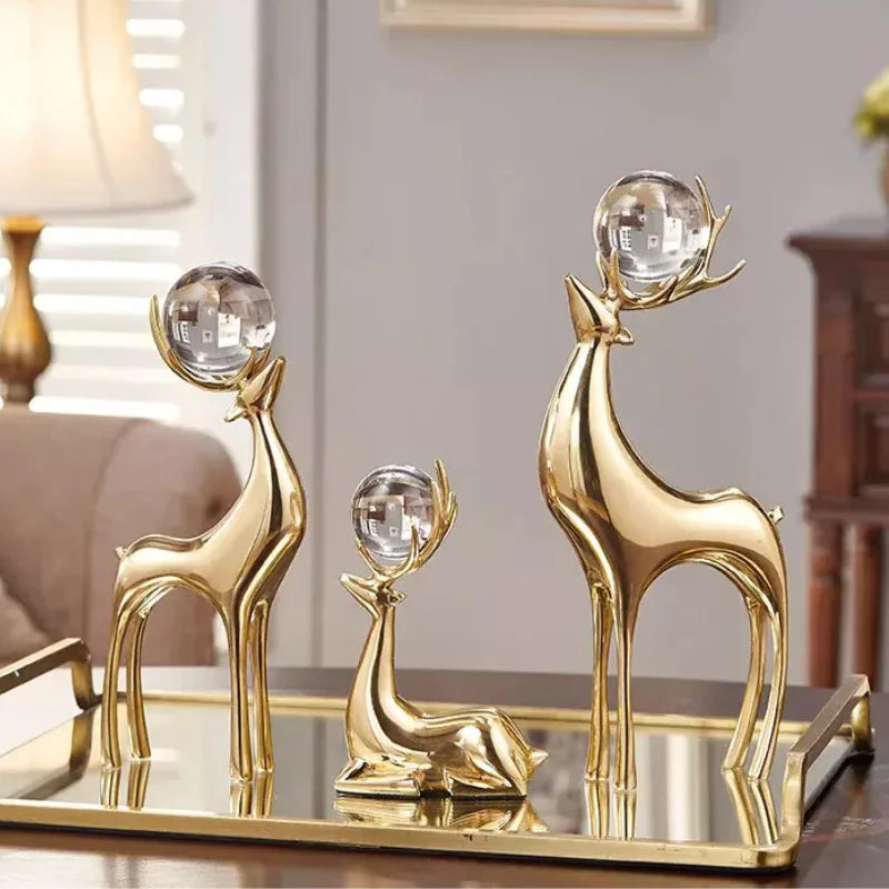 Elegant Golden Deer Sculpture with Crystal Ball for Living Room and Office Decor