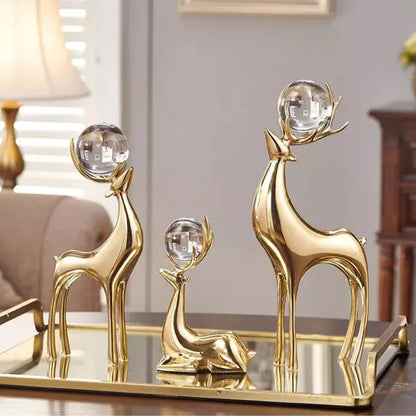 Elegant Golden Deer Sculpture with Crystal Ball for Living Room and Office Decor