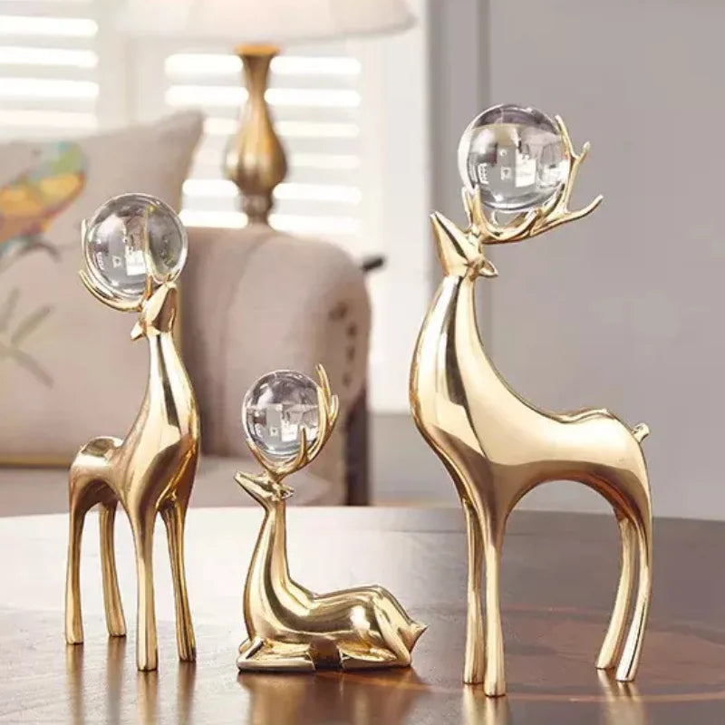 Elegant Golden Deer Sculpture with Crystal Ball for Living Room and Office Decor