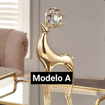 Elegant Golden Deer Sculpture with Crystal Ball for Living Room and Office Décor