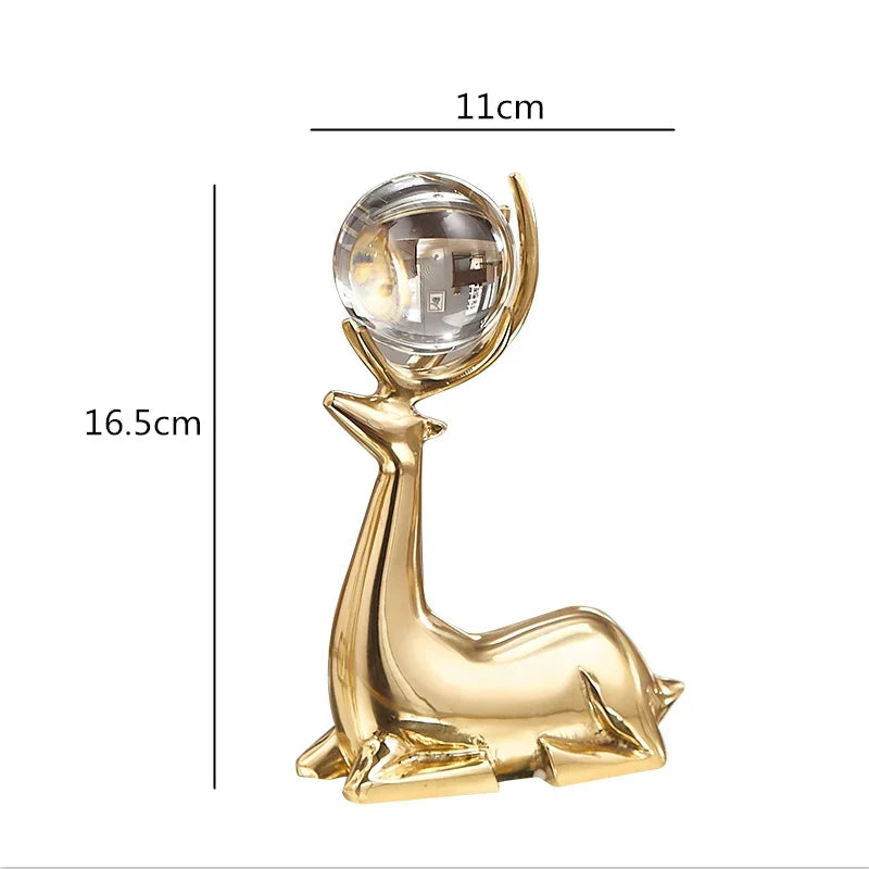 Elegant Golden Deer Sculpture with Crystal Ball for Living Room and Office Decor
