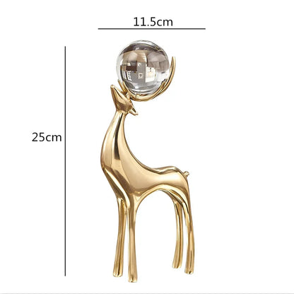 Elegant Golden Deer Sculpture with Crystal Ball for Living Room and Office Decor