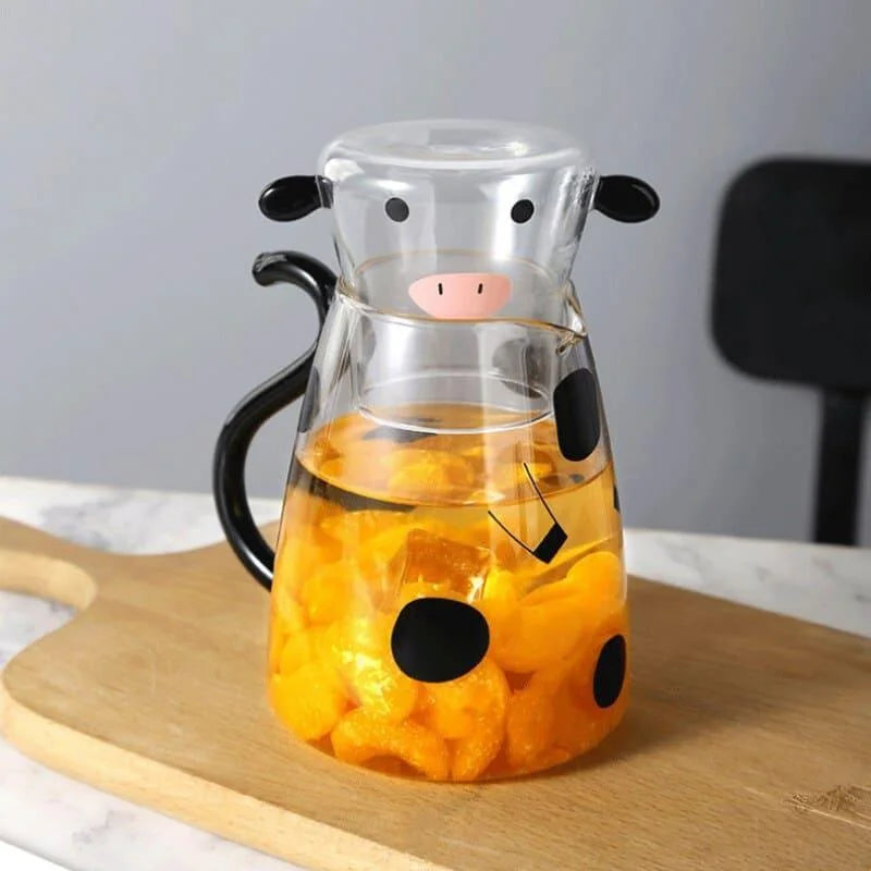 Borosilicate Glass Pitcher with Matching Cow-Themed Cup