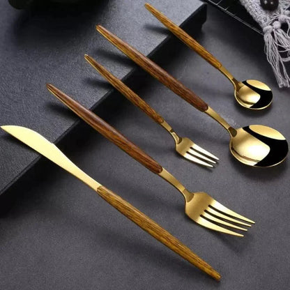 Monzzi 30-Piece Stainless Steel Cutlery Set with Wooden Handles