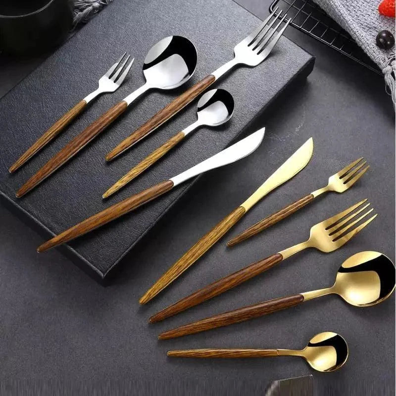 Monzzi 30-Piece Stainless Steel Cutlery Set with Wooden Handles