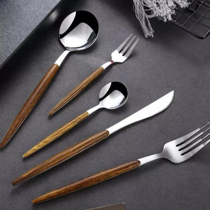 Monzzi 30-Piece Stainless Steel Cutlery Set with Wooden Handles