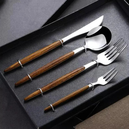 Monzzi 30-Piece Stainless Steel Cutlery Set with Wooden Handles
