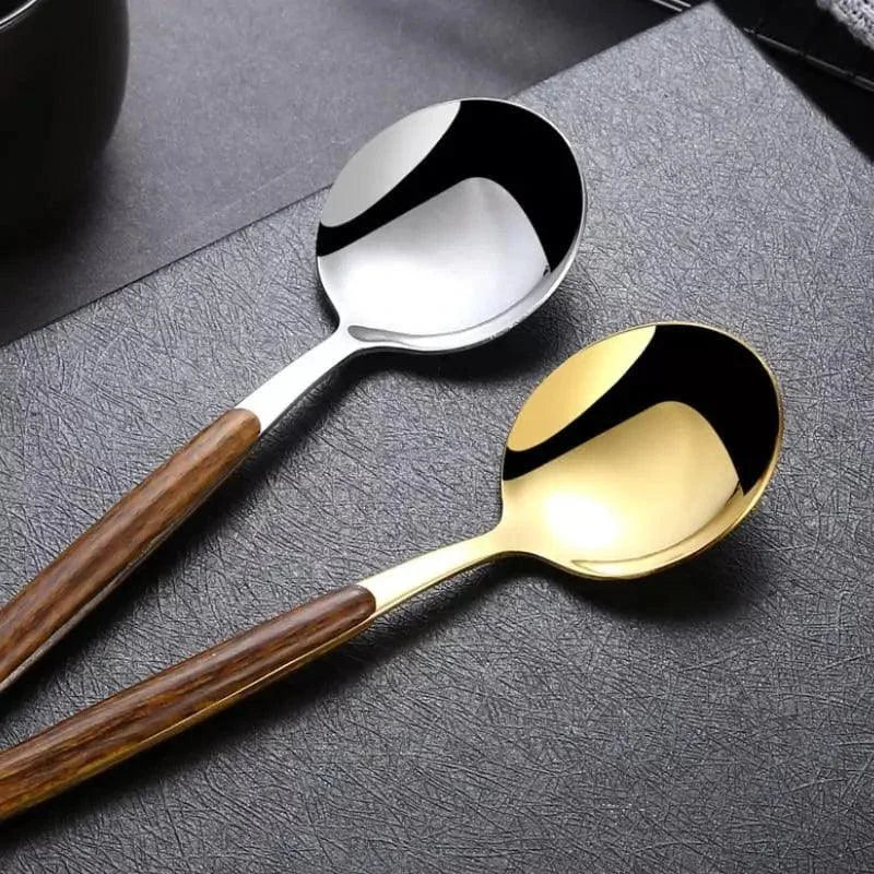 Monzzi 30-Piece Stainless Steel Cutlery Set with Wooden Handles