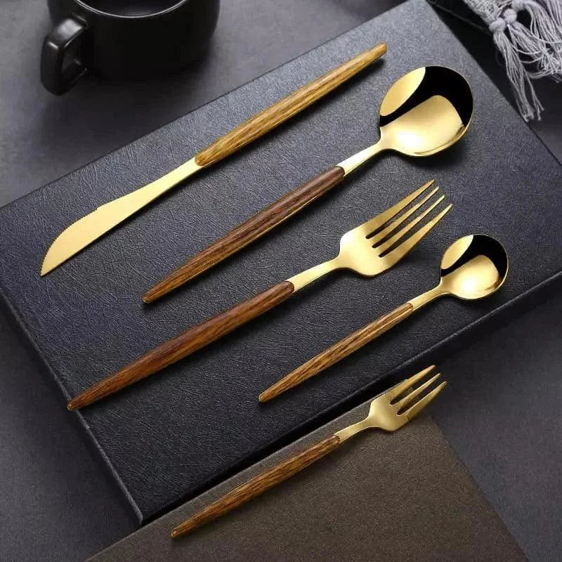 Monzzi 30-Piece Stainless Steel Cutlery Set with Wooden Handles