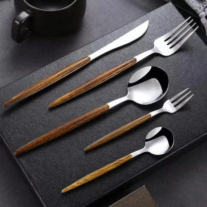 Monzzi 30-Piece Stainless Steel Cutlery Set with Wooden Handles